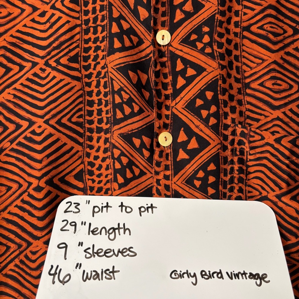 Milo's Men's S Short Sleeve Button Down Shirt 100% Silk Orange Black Geometric - Picture 8 of 8
